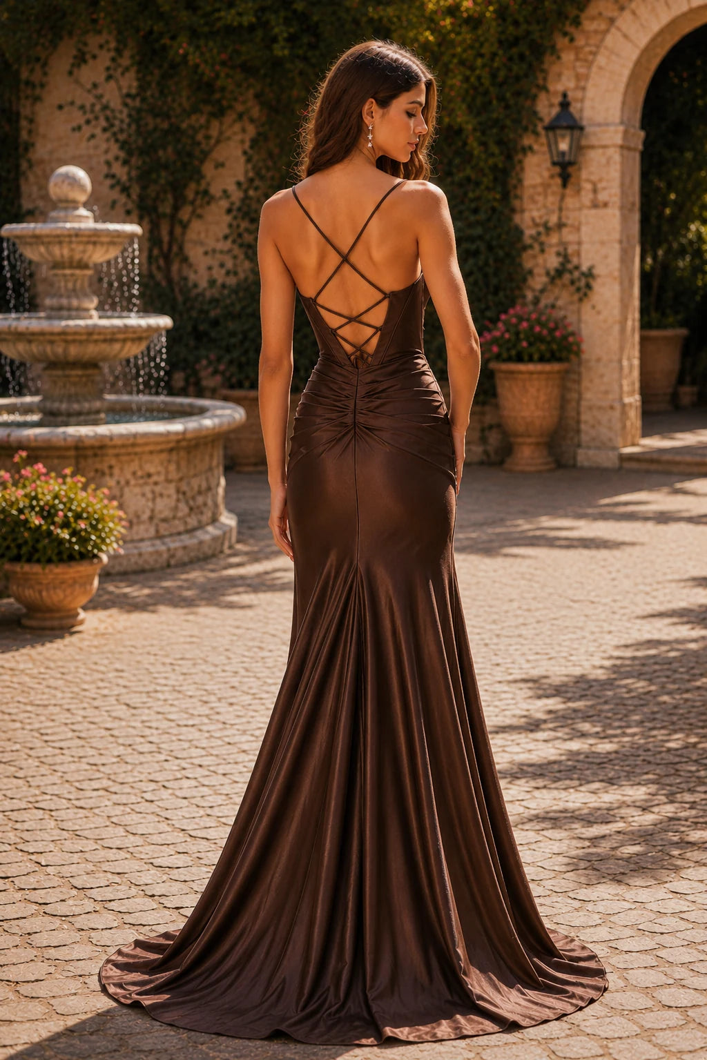 Hellisse Structured-Bodice Gown with Slit Prom Dress in Brown prom gown, back view