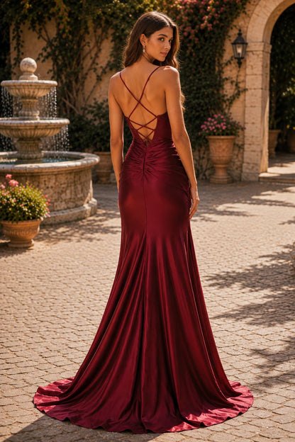 Hellisse Structured-Bodice Gown with Slit Prom Dress in Burgundy prom gown, back view