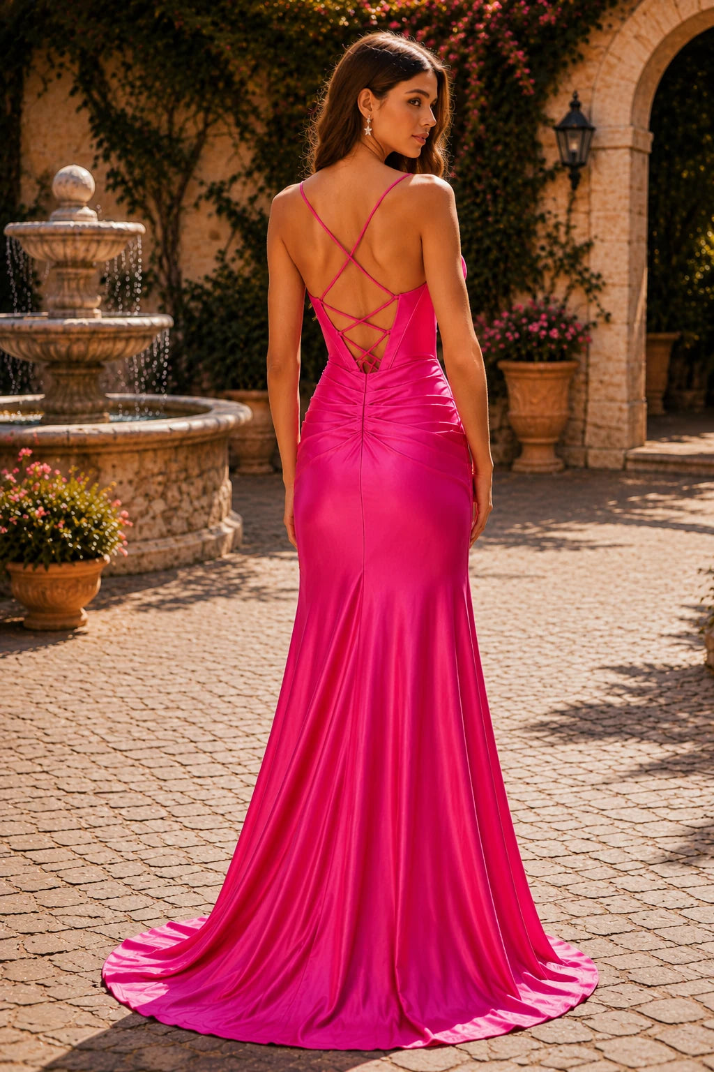 Hellisse Structured-Bodice Gown with Slit Prom Dress in Hot Pink prom gown, back view