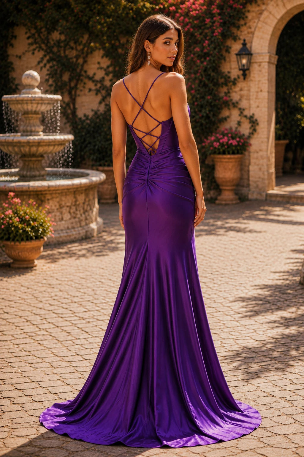 Hellisse Structured-Bodice Gown with Slit Prom Dress in Purple prom gown, back view