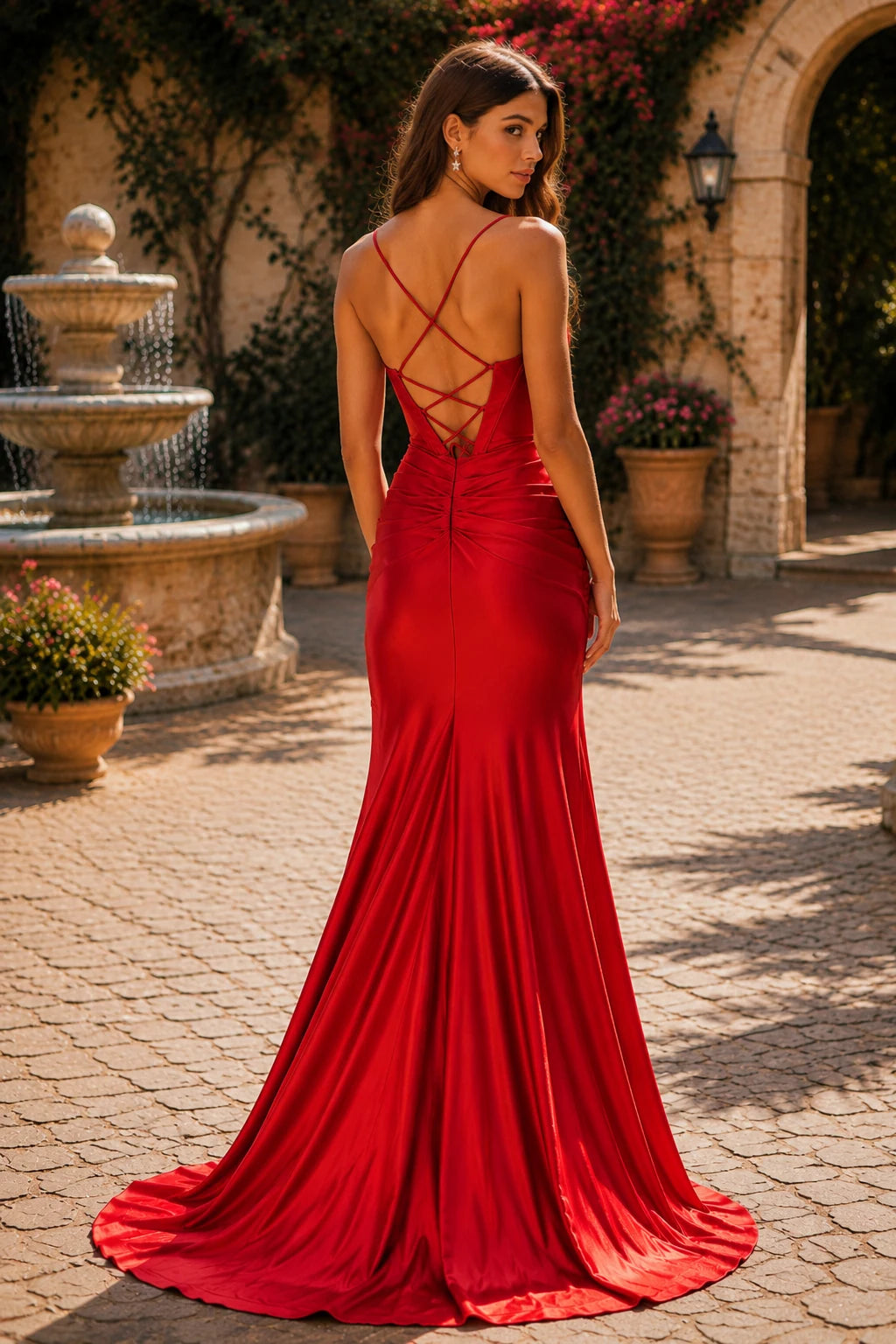 Hellisse Structured-Bodice Gown with Slit Prom Dress in Red prom gown, back view