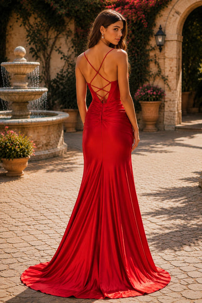 Hellisse Structured-Bodice Gown with Slit Prom Dress in Red prom gown, back view