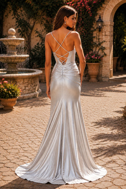 Hellisse Structured-Bodice Gown with Slit Prom Dress in Silver prom gown, back view