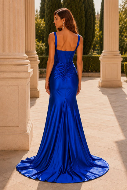 Helvella Teal Spaghetti-Strap Ruched Gown with Slit Prom Dress in Blue prom gown, front view
