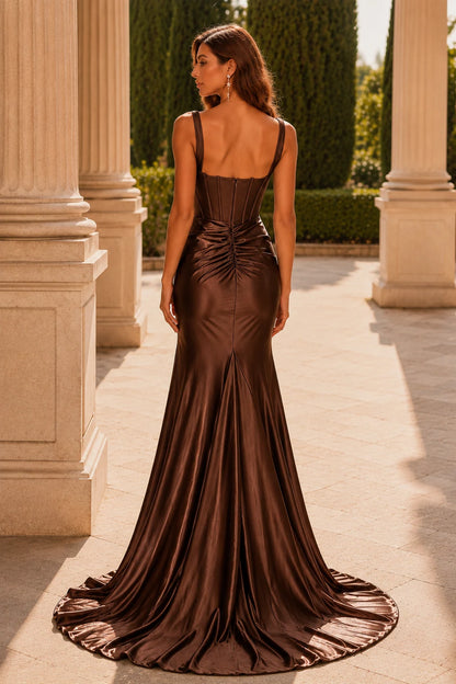 Helvella Teal Spaghetti-Strap Ruched Gown with Slit Prom Dress in Champagne prom gown, back view