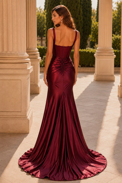 Helvella Teal Spaghetti-Strap Ruched Gown with Slit Prom Dress in Red prom gown, front view