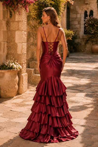 Helnette Blush Spaghetti-Strap Corset Tiered Ruffle Gown Prom Dress in Burgundy prom gown, back view