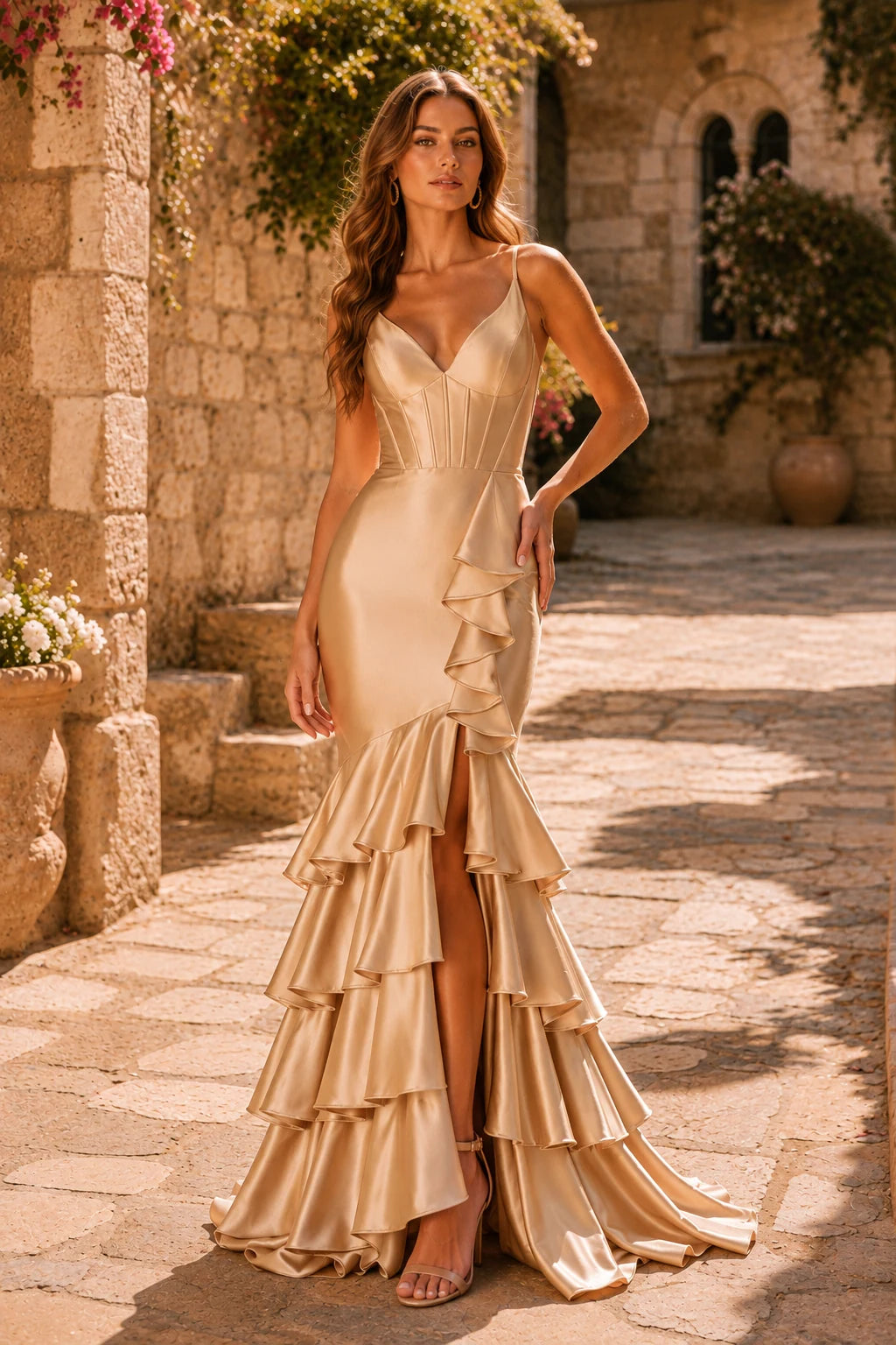 Helnette Blush Spaghetti-Strap Corset Tiered Ruffle Gown Prom Dress in Champagne prom gown, front view