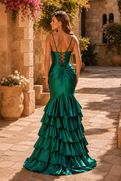 Helnette Blush Spaghetti-Strap Corset Tiered Ruffle Gown Prom Dress in Emerald Green prom gown, back view