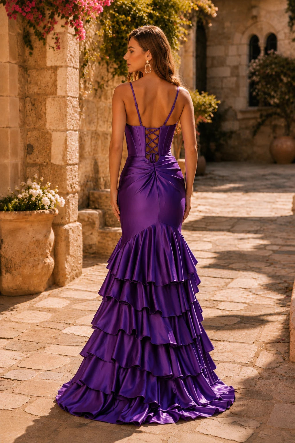 Helnette Blush Spaghetti-Strap Corset Tiered Ruffle Gown Prom Dress in Purple prom gown, back view