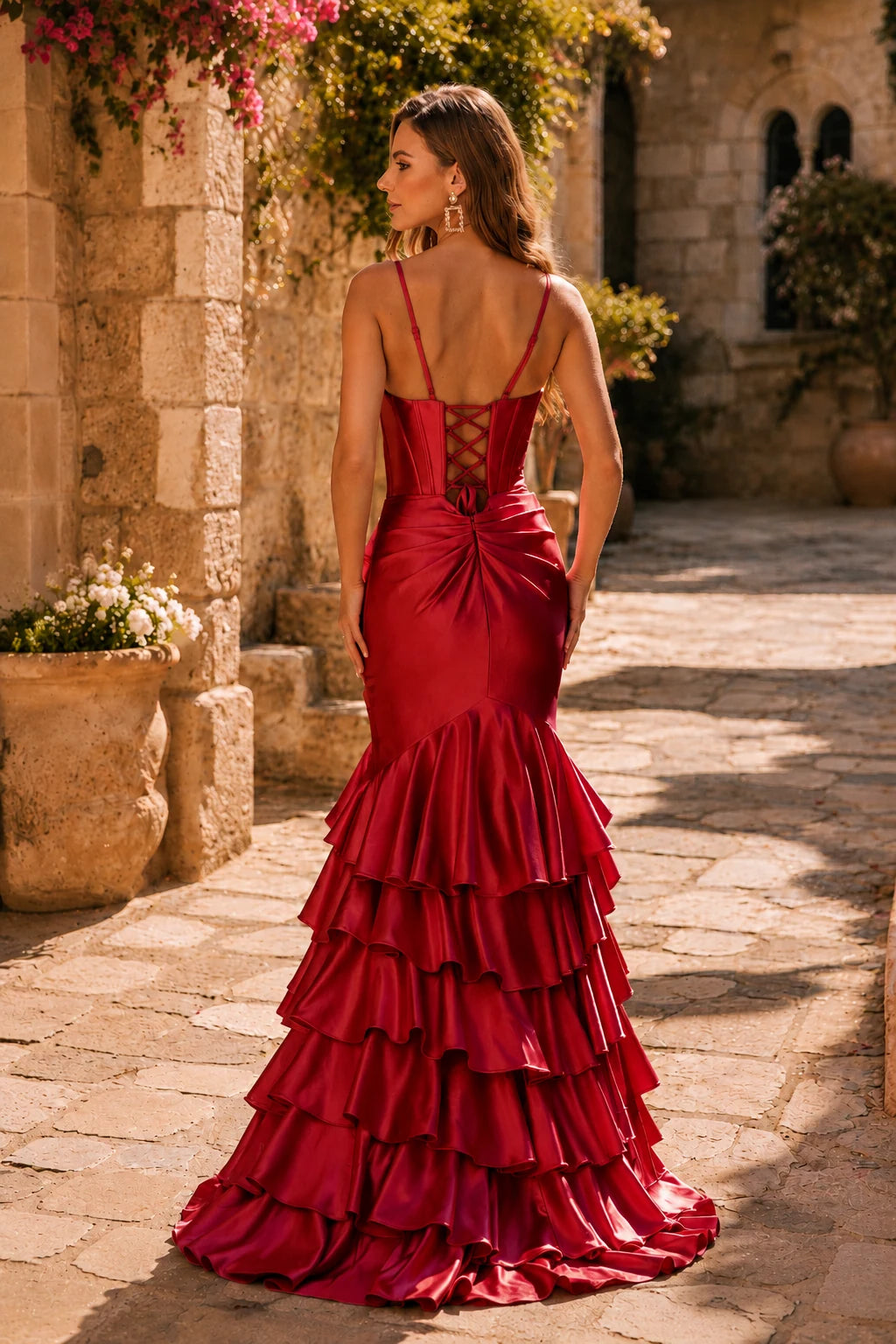 Helnette Blush Spaghetti-Strap Corset Tiered Ruffle Gown Prom Dress in Red prom gown, back view