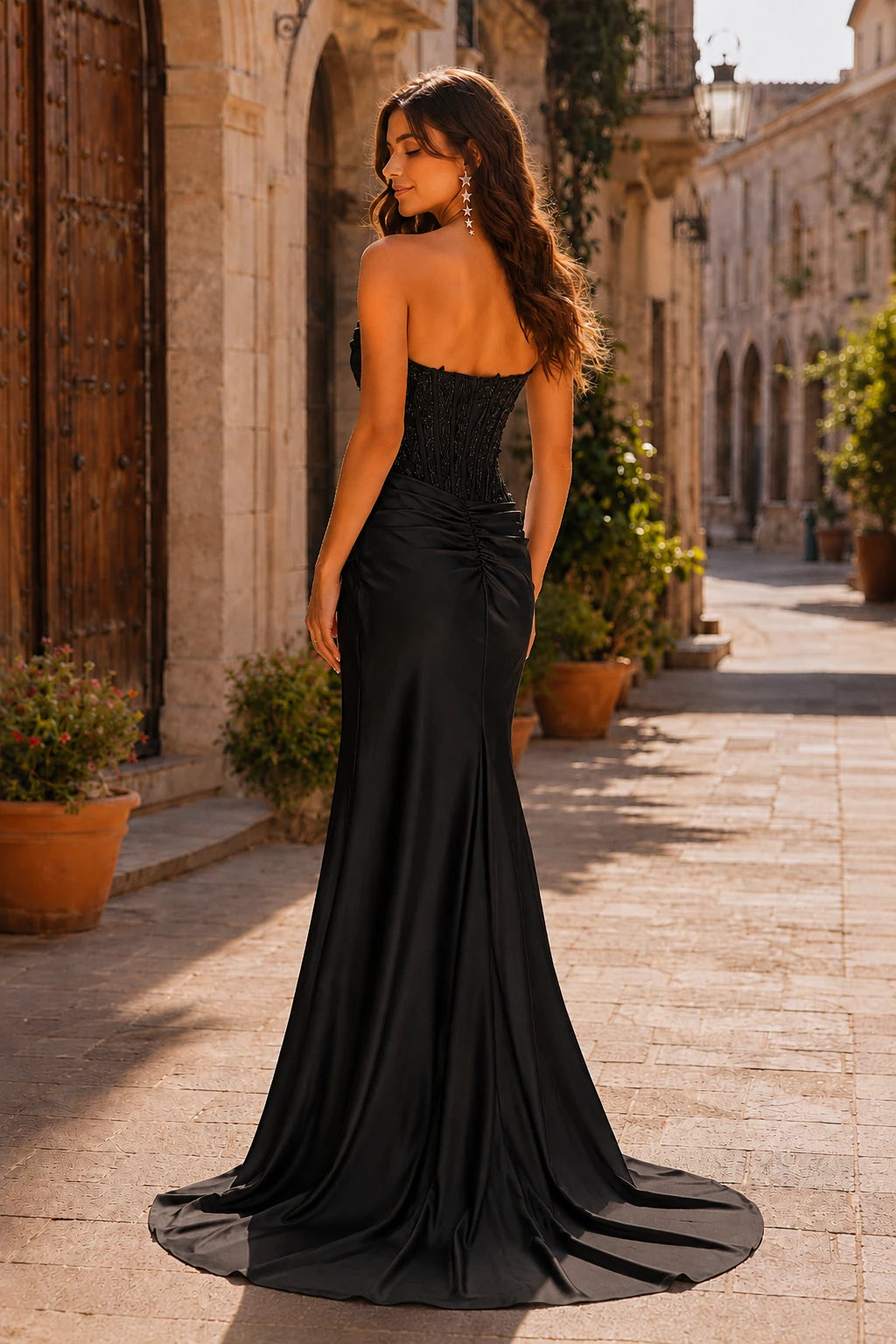 Helria Icy Strapless Structured-Bodice Gown with Slit Prom Dress in Black prom gown, back view