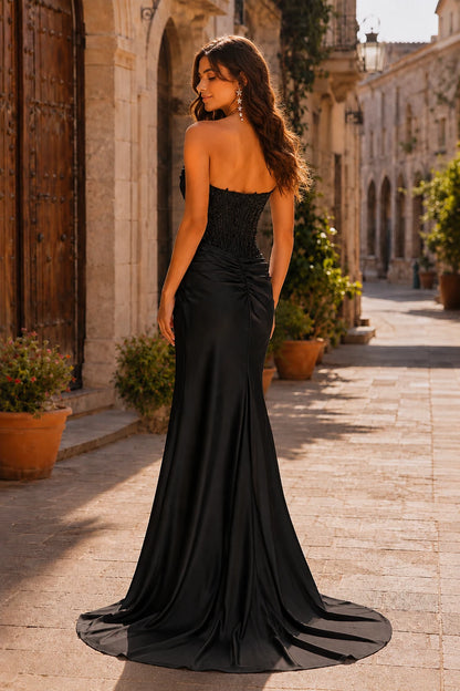 Helria Icy Strapless Structured-Bodice Gown with Slit Prom Dress in Black prom gown, back view