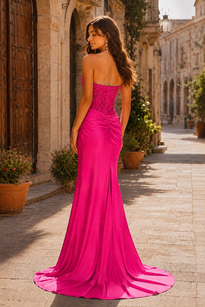 Helria Icy Strapless Structured-Bodice Gown with Slit Prom Dress in Hot Pink prom gown, back view