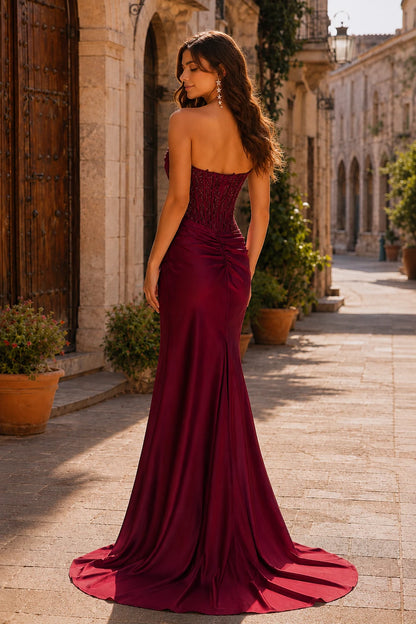 Helria Icy Strapless Structured-Bodice Gown with Slit Prom Dress in Red prom gown, front view