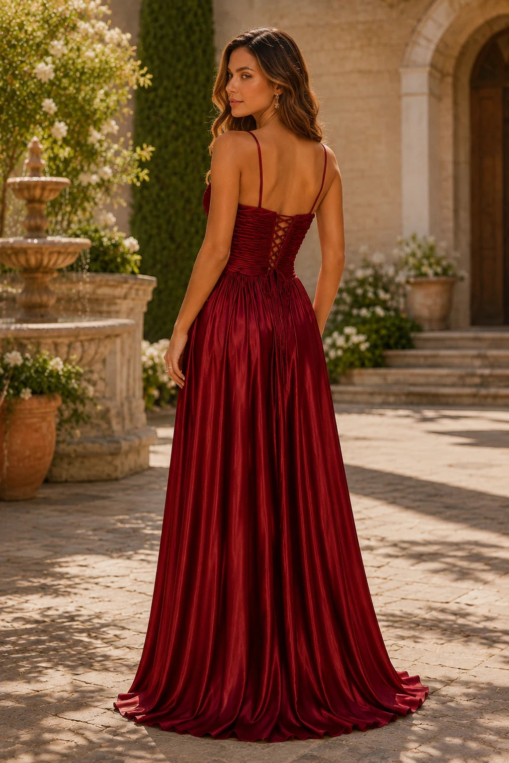 Helmira Spaghetti-Strap Pleated A-Line Gown Prom Dress in Burgundy prom gown, back view
