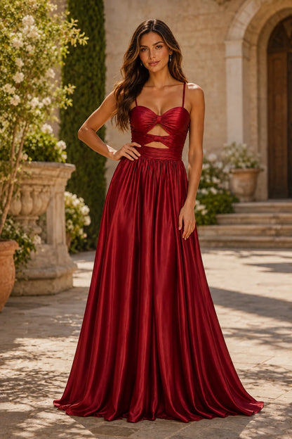 Helmira Spaghetti-Strap Pleated A-Line Gown Prom Dress in Burgundy prom gown, front view