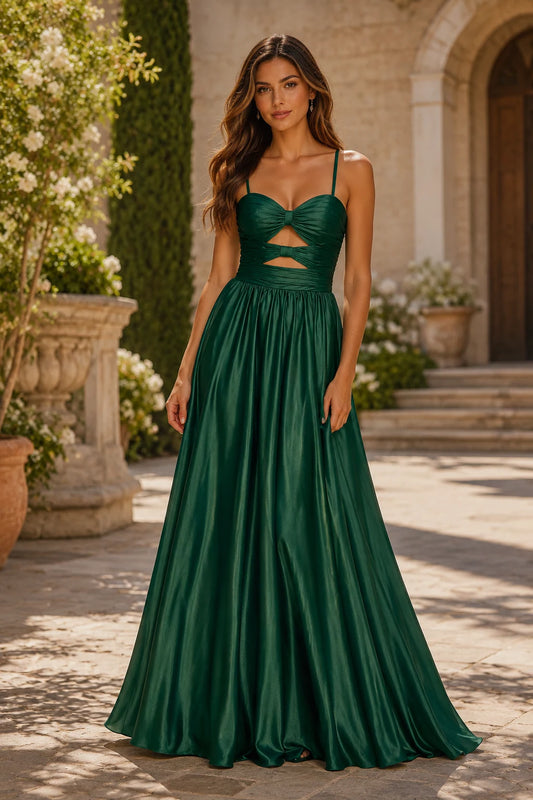 Helmira Spaghetti-Strap Pleated A-Line Gown Prom Dress in Emerald Green - back view