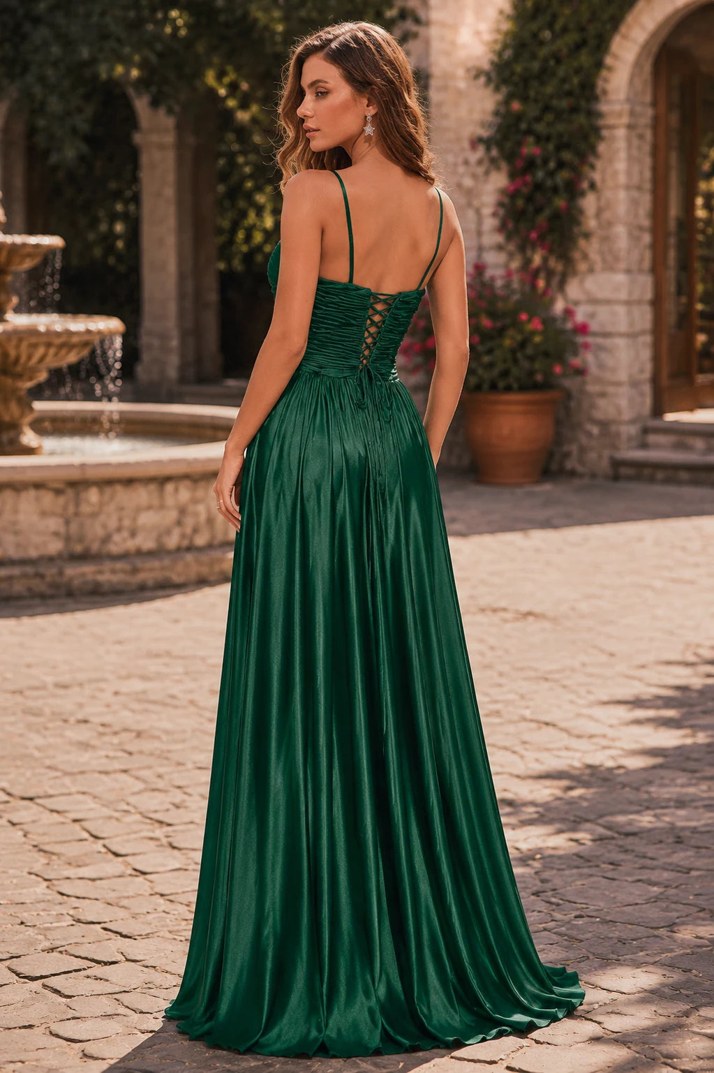 Emerald Green spaghetti-strap pleated a-line gown prom dress S8541P, front view