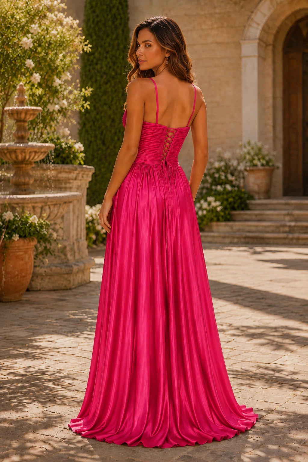 Helmira Spaghetti-Strap Pleated A-Line Gown Prom Dress in Hot Pink prom gown, back view