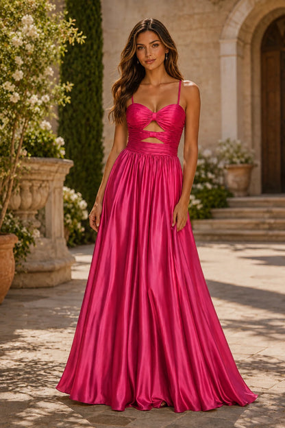 Helmira Spaghetti-Strap Pleated A-Line Gown Prom Dress in Hot Pink prom gown, front view