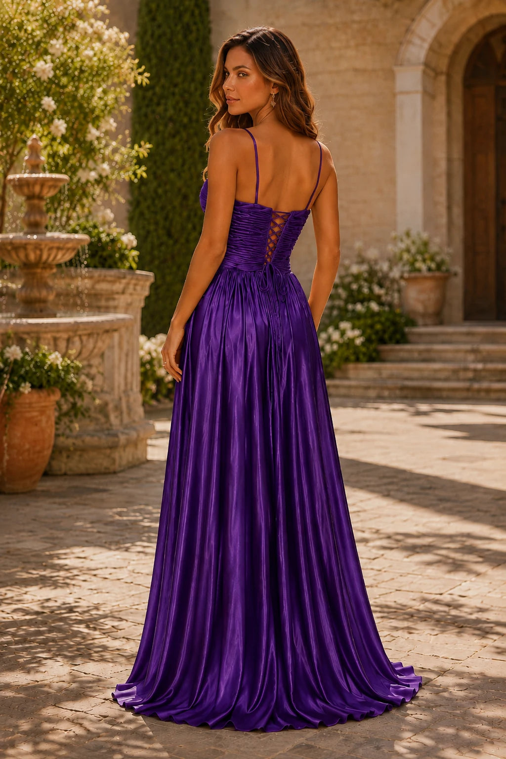 Helmira Spaghetti-Strap Pleated A-Line Gown Prom Dress in Purple prom gown, back view