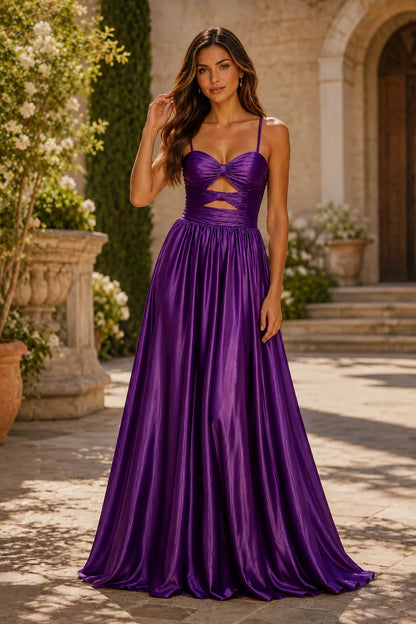 Helmira Spaghetti-Strap Pleated A-Line Gown Prom Dress in Purple prom gown, front view