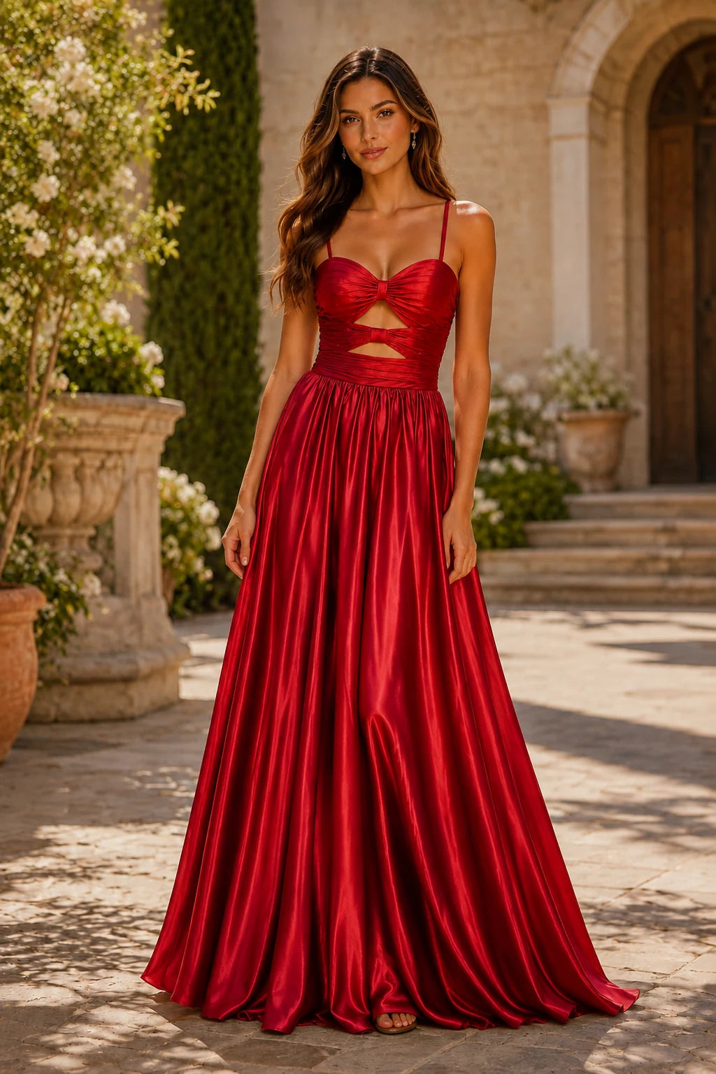 Helmira Spaghetti-Strap Pleated A-Line Gown Prom Dress in Red prom gown, front view