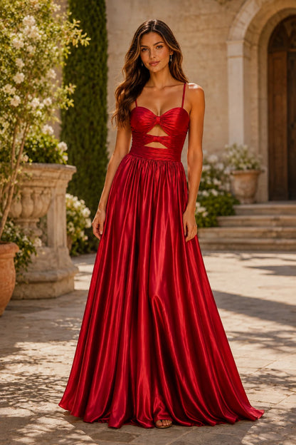 Helmira Spaghetti-Strap Pleated A-Line Gown Prom Dress in Red prom gown, front view