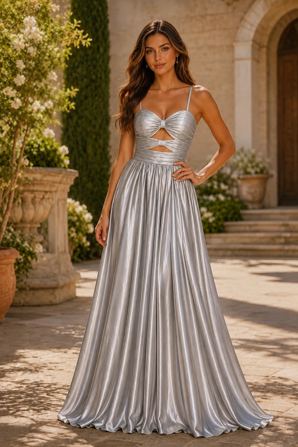 Helmira Spaghetti-Strap Pleated A-Line Gown Prom Dress in Silver prom gown, front view