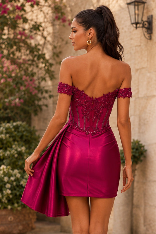 Astra Fuchsia Off-the-Shoulder Beaded Drape Mini Homecoming Dress in Fuchsia - back view
