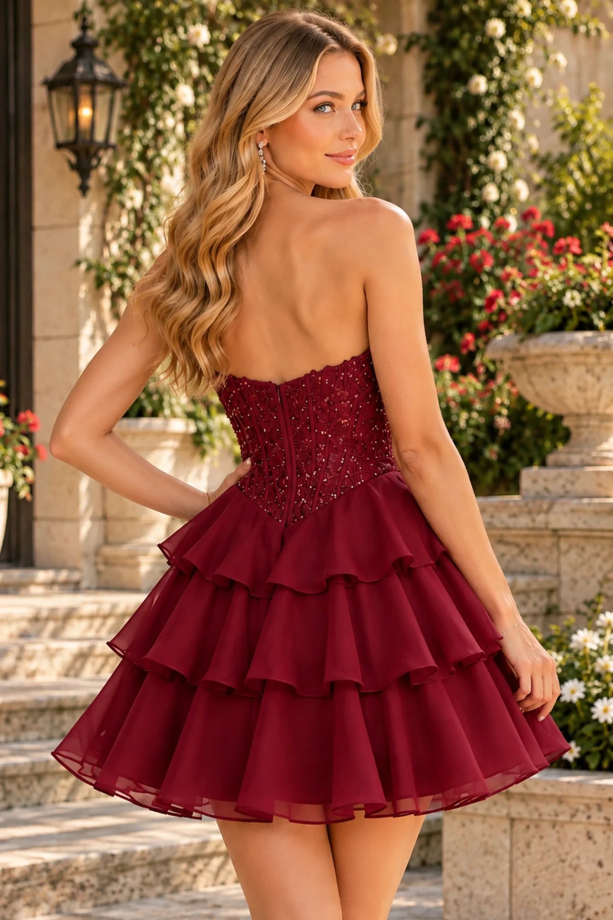 S8794H Nell strapless homecoming mini dress with a sparkling back bodice and three-tier skirt in Burgundy - back view
