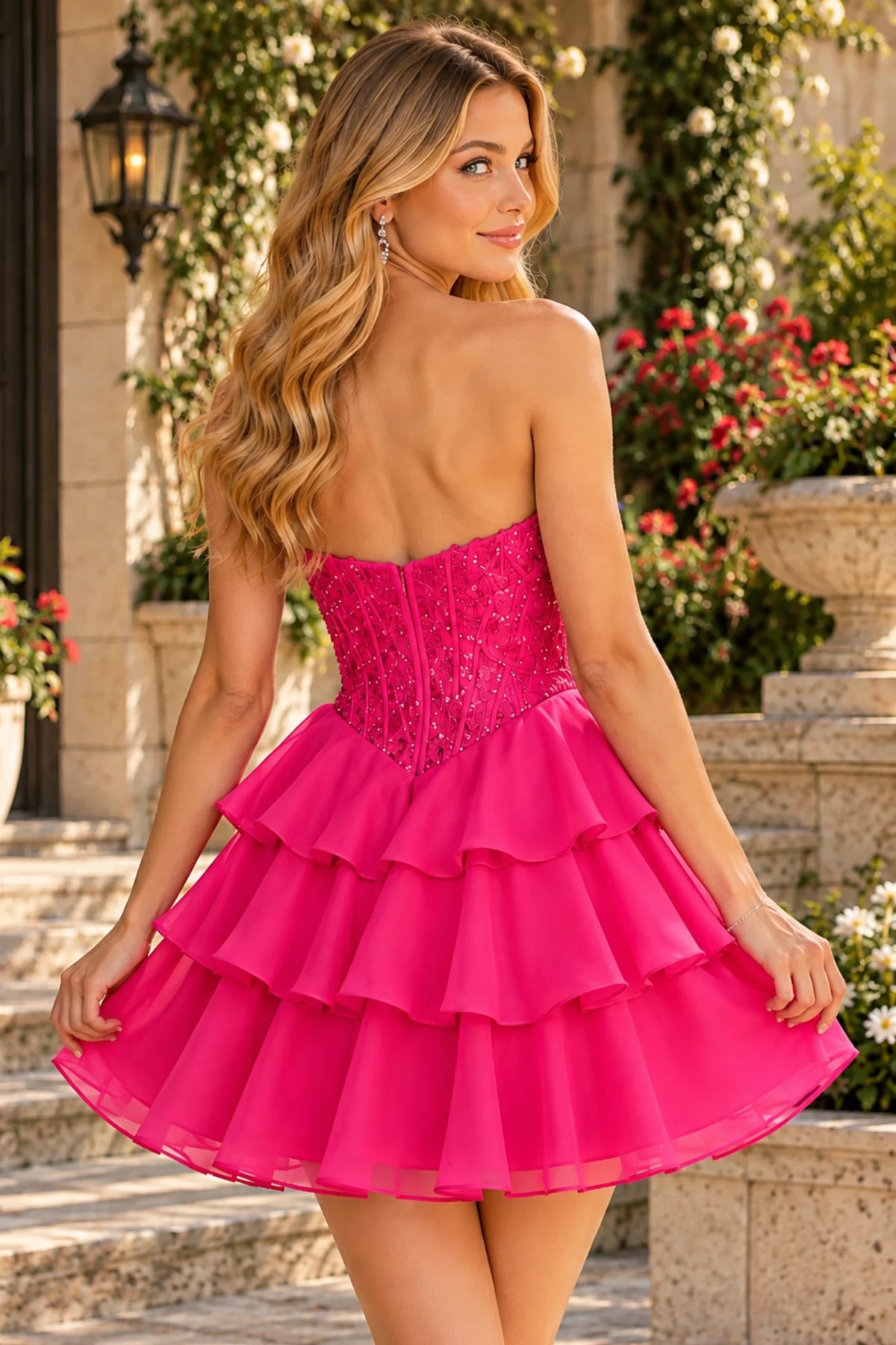 S8794H Nell strapless homecoming mini dress with a sparkling back bodice and three-tier skirt in Hot Pink - back view