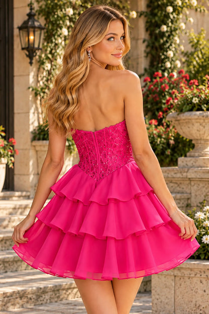 S8794H Nell strapless homecoming mini dress with a sparkling back bodice and three-tier skirt in Hot Pink - back view