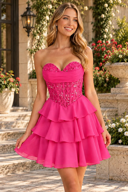 S8794H Nell strapless sweetheart homecoming dress with a sparkling corset-look bodice and tiered mini skirt in Hot Pink - front view