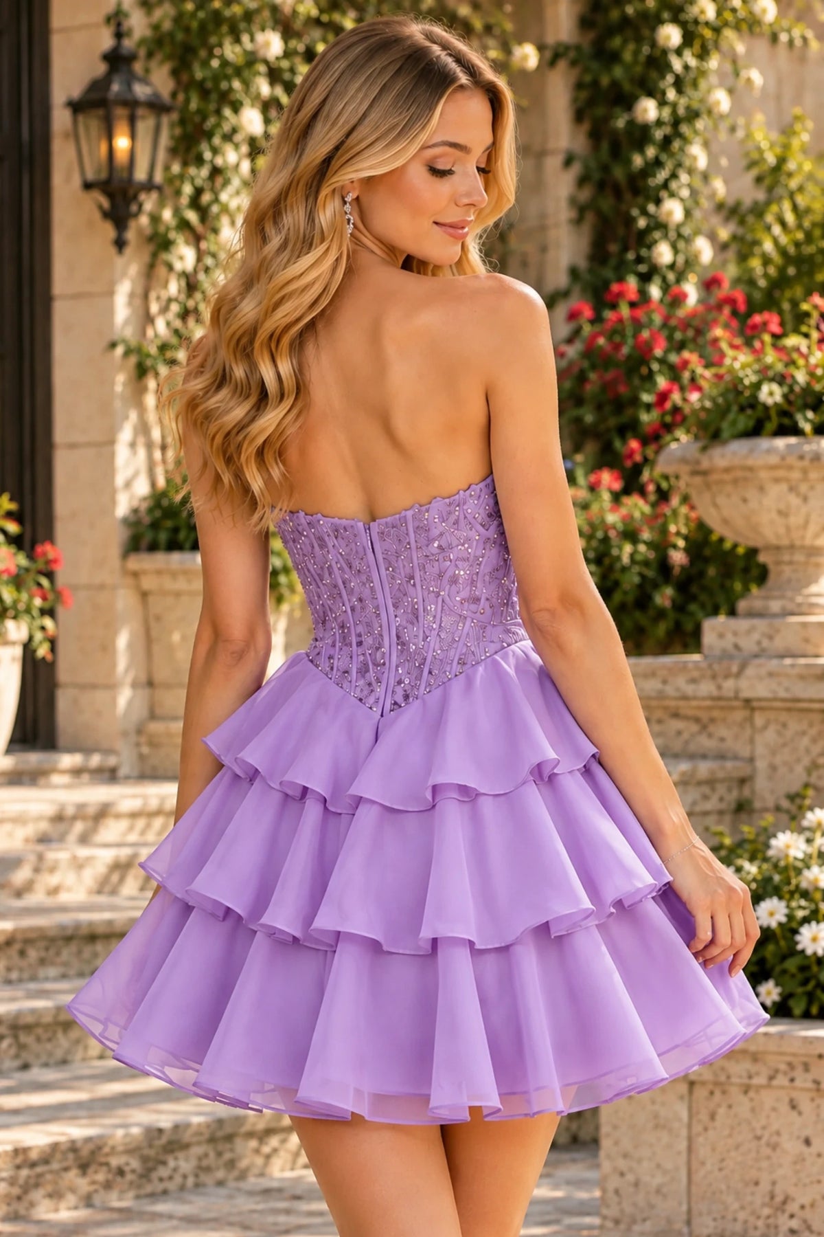 S8794H Nell strapless homecoming mini dress with a sparkling back bodice and three-tier skirt in Lavender - back view