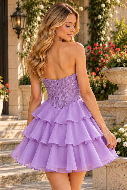 S8794H Nell strapless homecoming mini dress with a sparkling back bodice and three-tier skirt in Lavender - back view