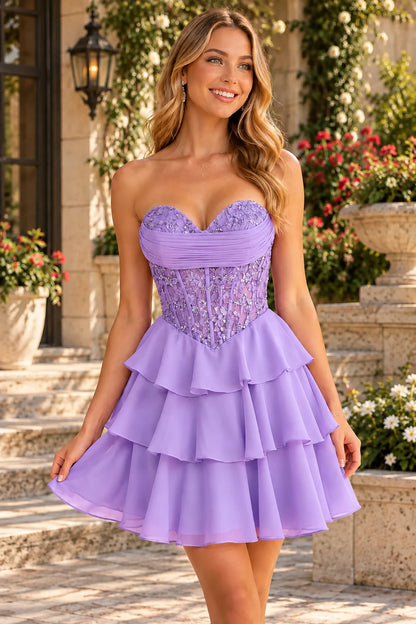 S8794H Nell strapless sweetheart homecoming dress with a sparkling corset-look bodice and tiered mini skirt in Lavender - front view