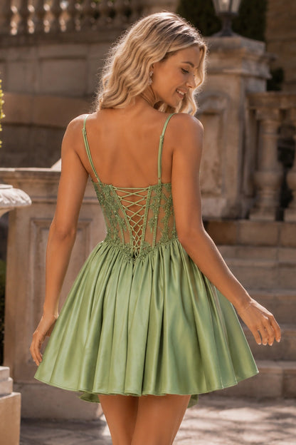 Sage Green corset babydoll mini homecoming dress, back view