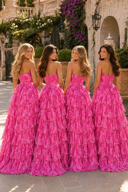 Genevieve Floral Sweetheart Tiered A-Line Prom Dress in Emerald Green Floral prom gown, back view
