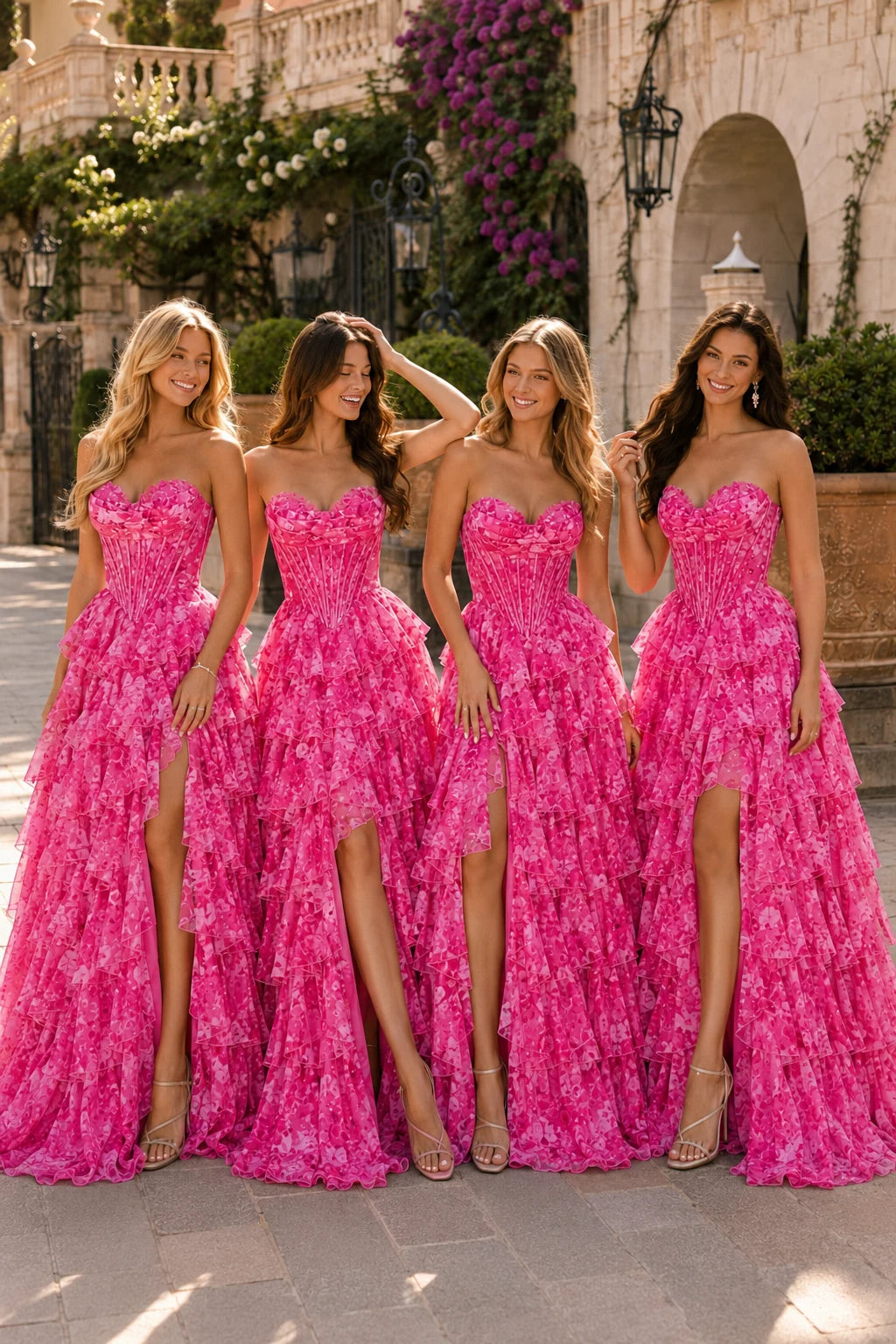 Genevieve Floral Sweetheart Tiered A-Line Prom Dress in Hot Pink Floral prom gown, front view