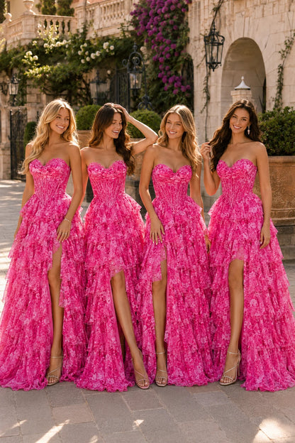 Genevieve Floral Sweetheart Tiered A-Line Prom Dress in Hot Pink Floral prom gown, front view