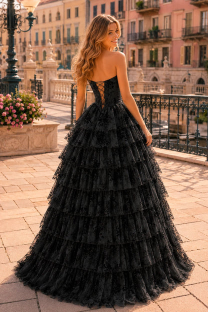 Genevieve Floral Sweetheart Tiered A-Line Prom Dress in Black Floral prom gown, back view
