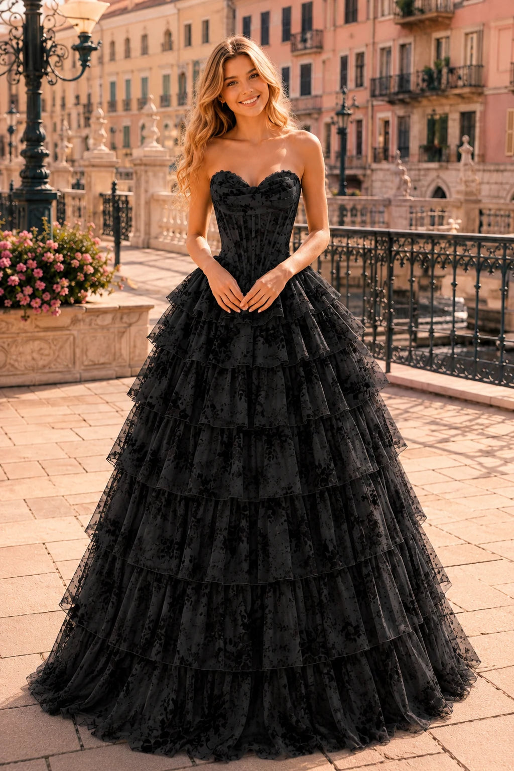 Genevieve Floral Sweetheart Tiered A-Line Prom Dress in Black Floral prom gown, front view