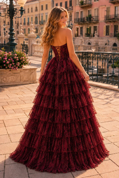 Genevieve Floral Sweetheart Tiered A-Line Prom Dress in Burgundy Floral prom gown, back view
