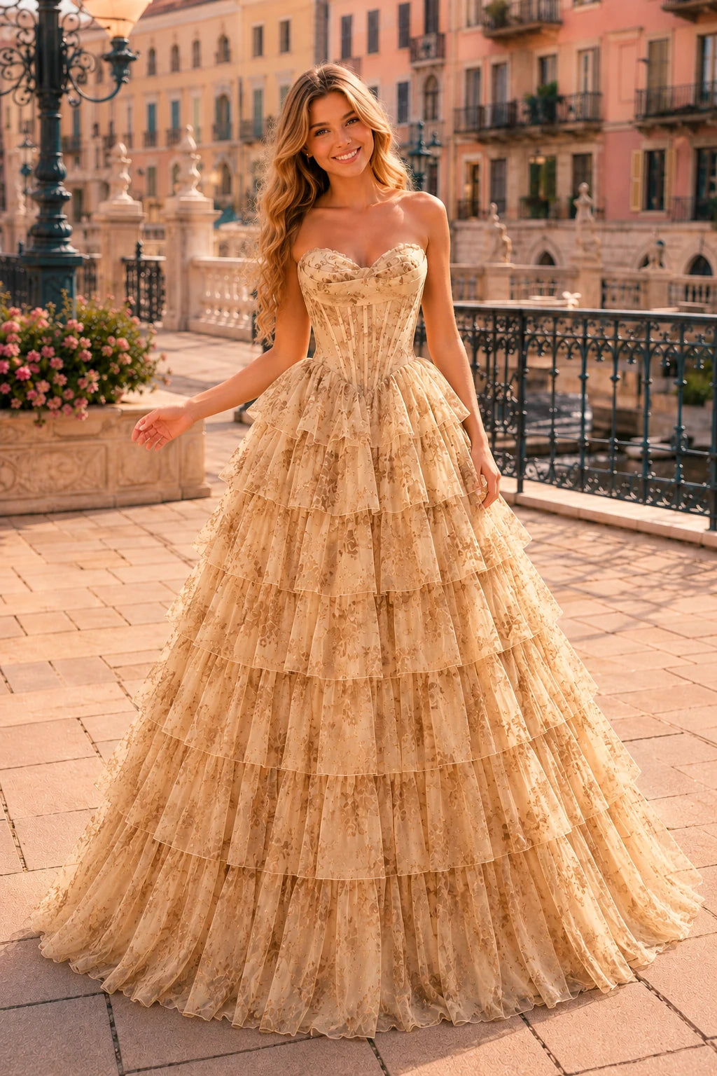 Genevieve Floral Sweetheart Tiered A-Line Prom Dress in Hot Pink Floral prom gown, front view