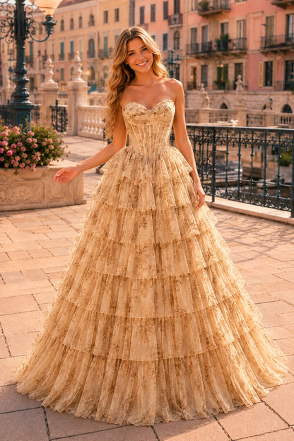Genevieve Floral Sweetheart Tiered A-Line Prom Dress in Hot Pink Floral prom gown, front view