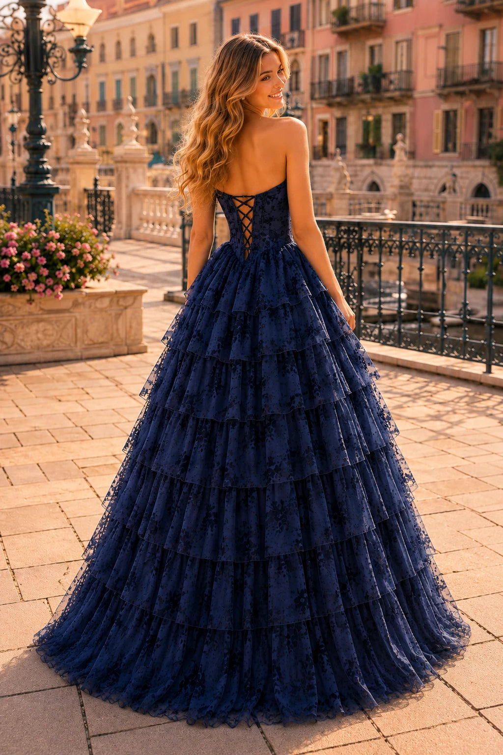 Genevieve Floral Sweetheart Tiered A-Line Prom Dress in Navy Blue Floral prom gown, back view