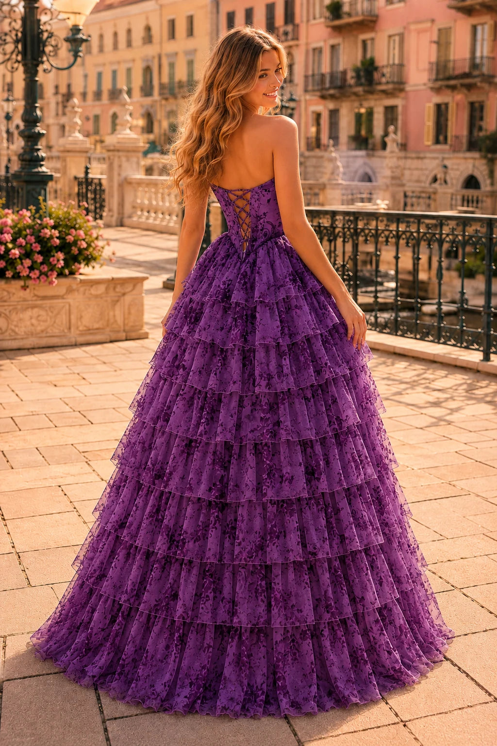 Genevieve Floral Sweetheart Tiered A-Line Prom Dress in Purple Floral prom gown, back view