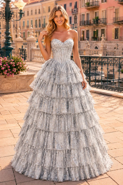 Genevieve Floral Sweetheart Tiered A-Line Prom Dress in Silver Floral prom gown, front view